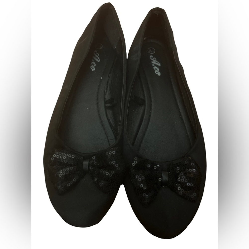 A.Co black satin flats with sequins Bow size 7